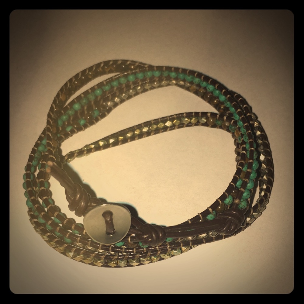 Leather & Beads Wrap Bracelet. Turquoise & Metal.